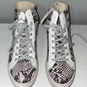 Steve Madden star high top shoes, snakeskin print with pink strip in the back.
